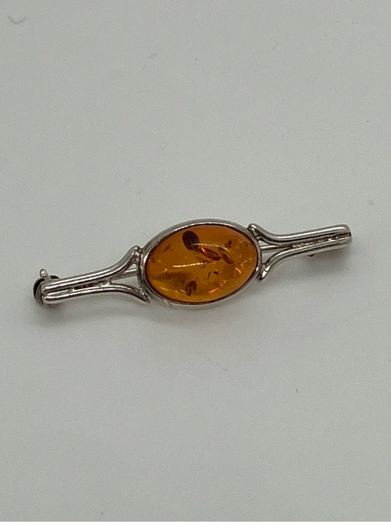 Vintage Jewelry - Vtg 925 Sterling Silver Baltic Amber Art Deco Style Bar Brooch Pin